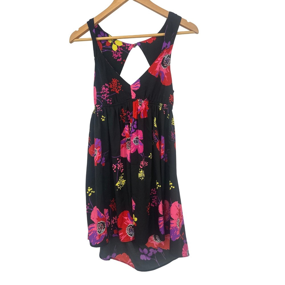 Roxy Floral Mini Dress Women S Black High Low Keyhole Y2K Whimsigoth Tropical